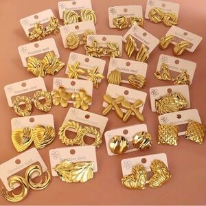 Gold Stainless Steel Floral & Geometric Stud Earring Set - Women